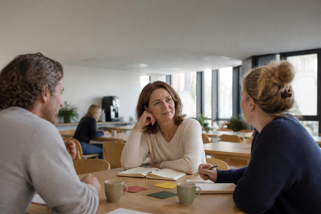 Interim-manager in gesprek met twee teamleden aan tafel in een school